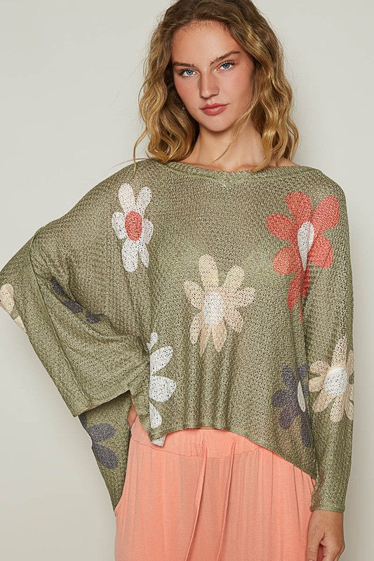 POL Flower Dropped Shoulder Long Sleeve Knit Top