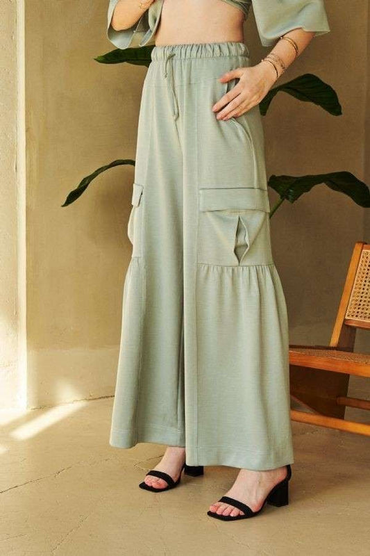 Davi & Dani Drawstring Ruched Detail Wide Leg Pants