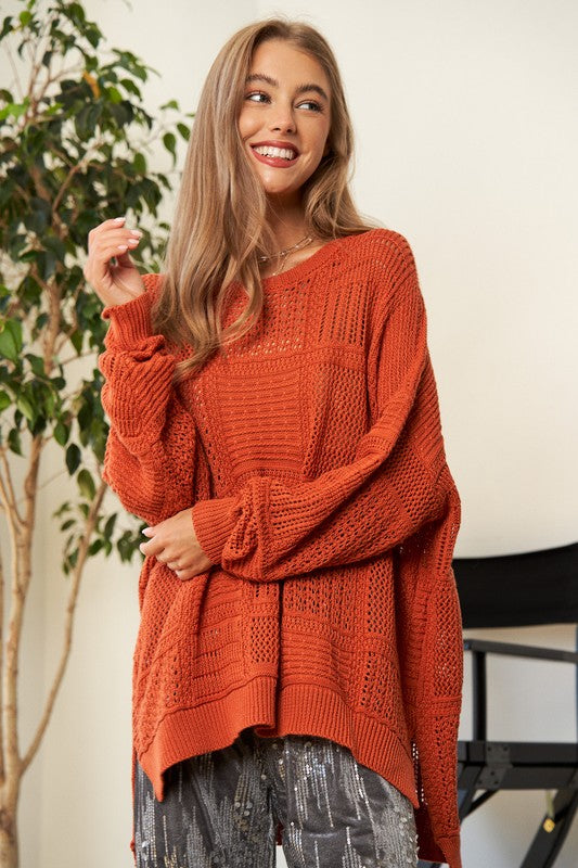 Davi & Dani Openwork Side Slit Drop Shoulder Knit Cover Up