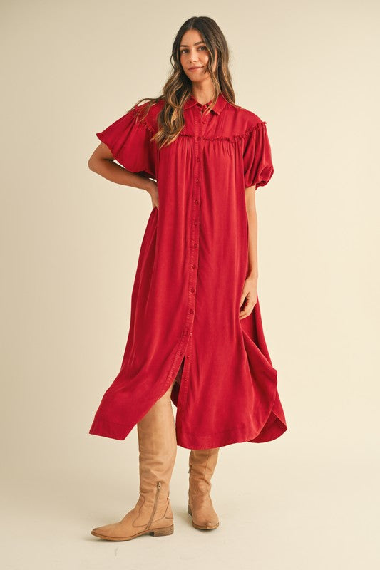 Annie Wear Mineral Washed Button Down Puff Sleeve Shirt Dress